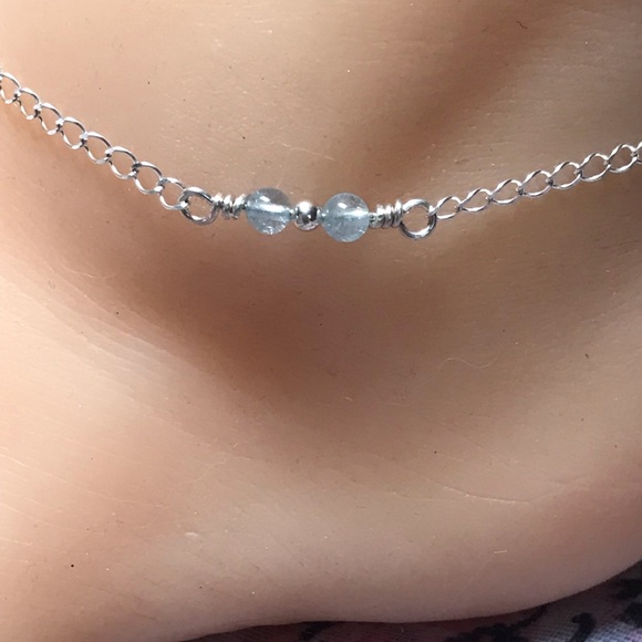 Aquamarine Sterling Silver Ankle Bracelet- Dainty 2 Bead Aquamarine Anklet - Picture 2 of 4